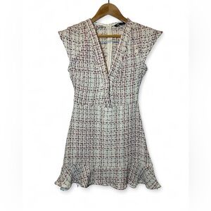 Zara Textured Weave Tweed Dress With Ruffled Hem‎ Cap Sleeve V Neck Zipper Small